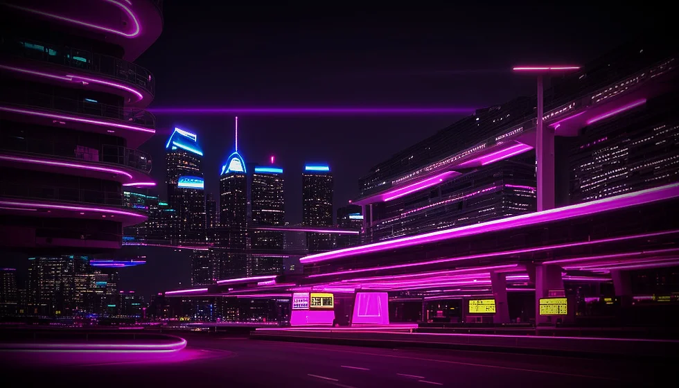 A futuristic city with purple lights