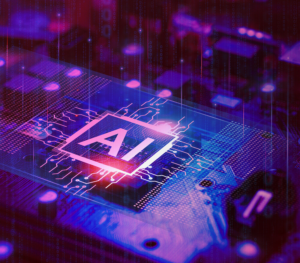 closeup of a computer chip with the words "AI"