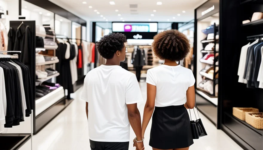 A couple holding hands shopping at a clothing store